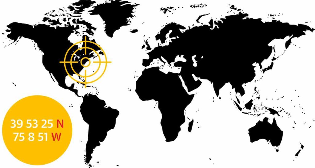 Wereldkaart met locatie en coördinaten van de parkeerhaven in de VS.