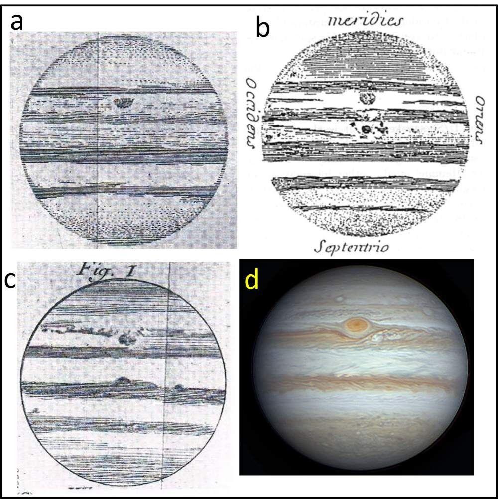 Cassini’s tekeningen van de permanente vlek op Jupiter uit de zeventiende eeuw (a-c). Afbeelding d toont een foto van de huidige grote rode vlek. 