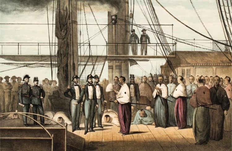 Schilderij van mensen op een schip