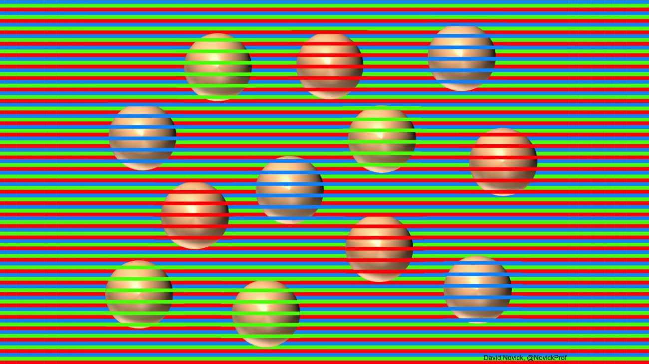 Deze twaalf bollen lijken groen, blauw en rood te zijn, maar ze hebben allemaal dezelfde kleur.