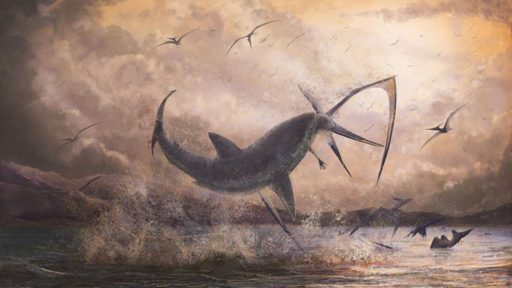 Artistieke impressie van een haai uit het Krijt die uit het water springt en een Pterodactylus vangt.