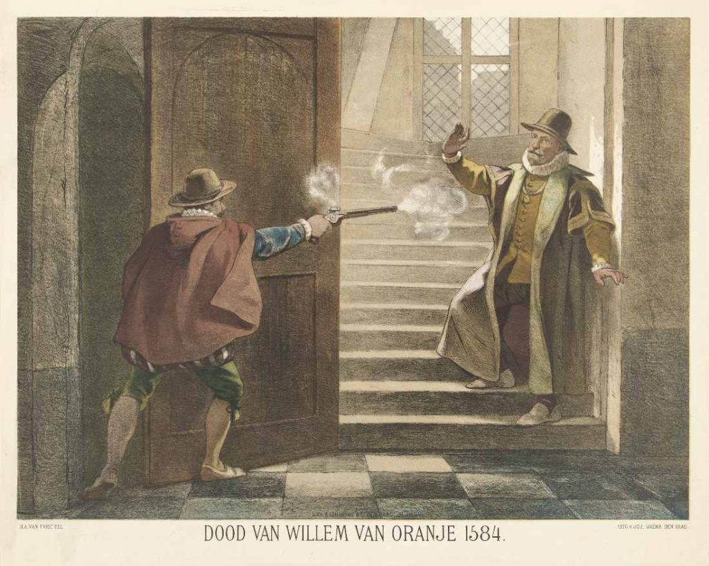 Balthasar Gerards schiet Willem van Oranje neer, niet bijgesneden