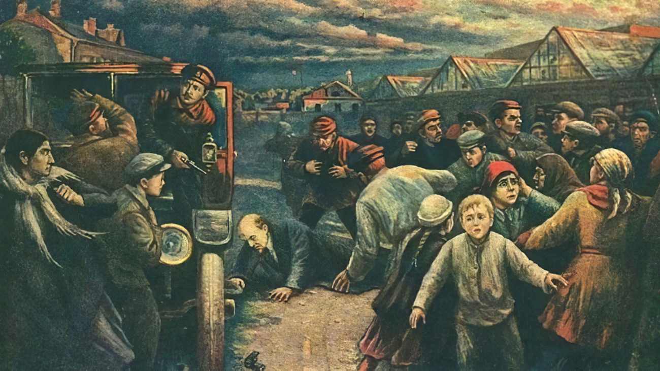 Schilderij van Fanny Kaplans aanslag op Lenin in 1918. Beeld: Vladimir Nikolaevich Pchelin (1869-1941).