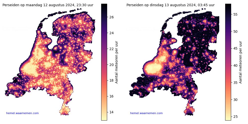 Landkaart waarop is aangegeven waar in Nederland de meeste meteoren van de Perseïden zijn te zien. 