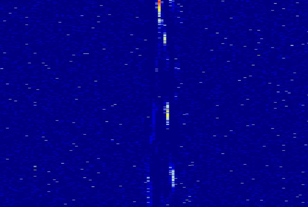 Koude waterstofwolken zenden zwakke radiosignalen met een smalle bandbreedte uit, zoals de signalen die hier zijn afgebeeld en die door de Arecibo-telescoop zijn gedetecteerd. 