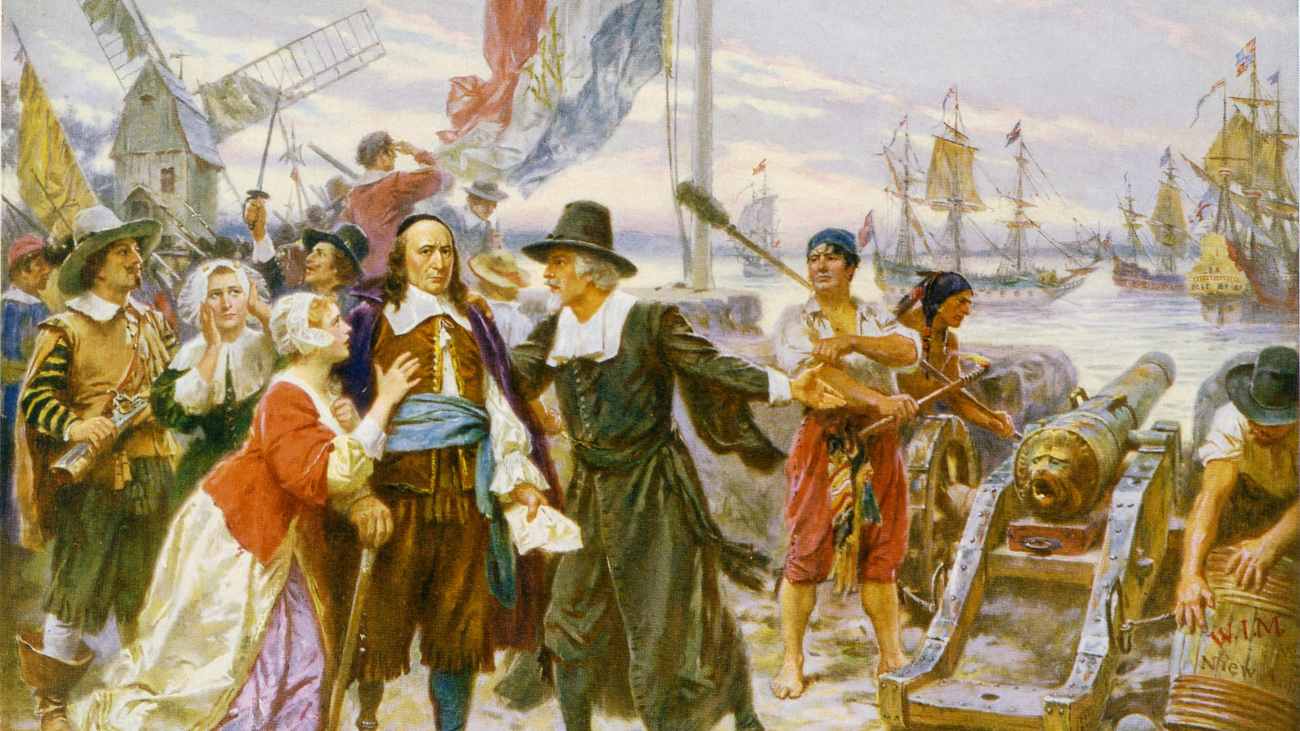 Op dit schilderij staat Peter Stuyvesant in 1664 aan wal tussen inwoners van Nieuw-Amsterdam die hem smeken het vuur niet te openen op de Engelsen die met oorlogsschepen in de haven liggen te wachten om het gebied op te eisen.