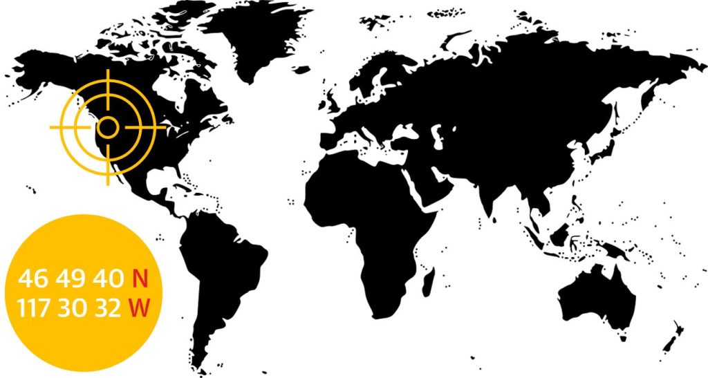 Wereldkaart met locatie en coördinaten van Palouse