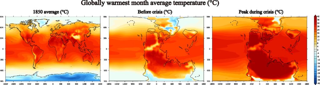 De gereconstrueerde temperaturen van de gemiddelde warmste maand in een jaar vóór de industriële revolutie in 1850 (links), vlak voor de PT-crisis (midden) en tijdens de PT-crisis (rechts).