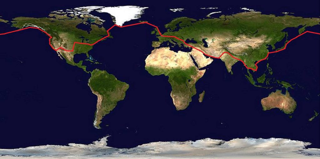 Route van de eerste vlucht rond de wereld. 