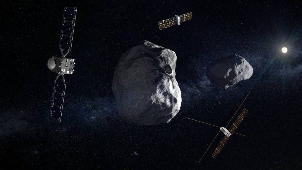 Artistieke impressie van HERA en de twee kleinere CubeSats rond de asteroïden Didymos en Dimorphos.