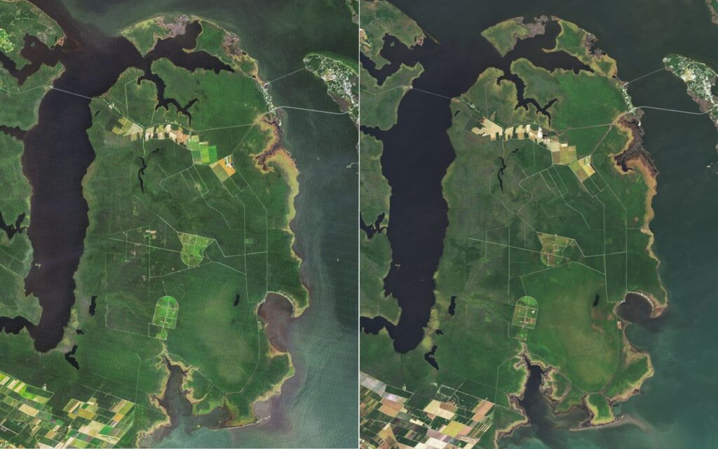 Foto links is gemaakt door Landsat 5 op 1 oktober 2005. Foto rechts is geschoten door Landsat 9 op 13 oktober 2024.