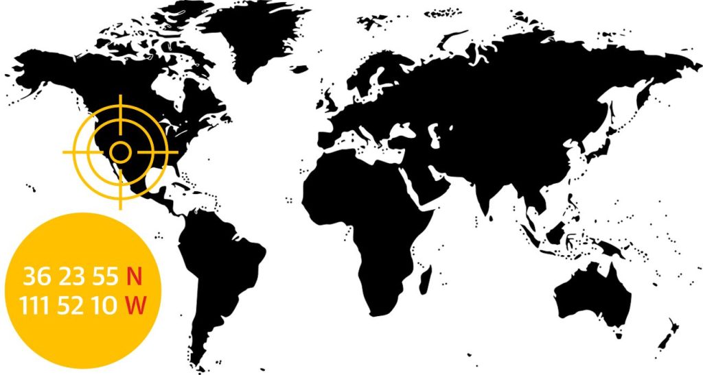 wereldkaart met locatie en coördinaten van de coloradorivier