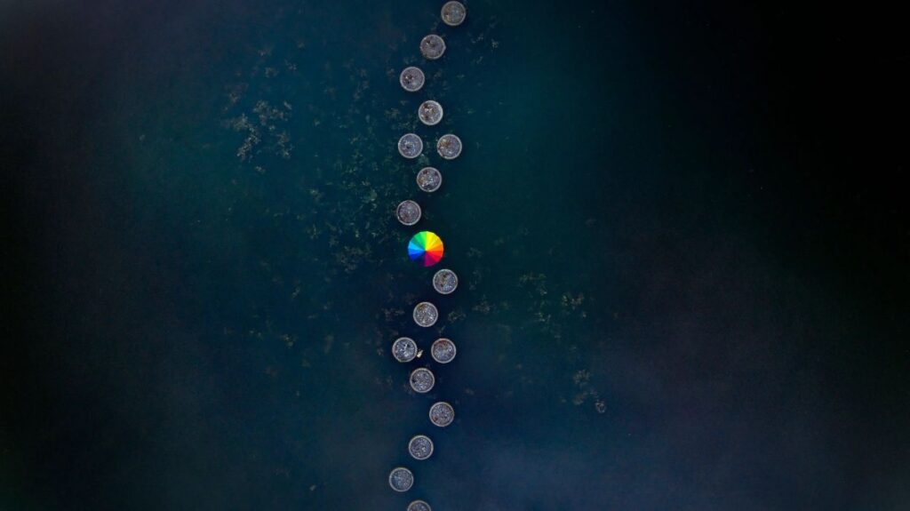 Topdown shot van stapstenen, in het midden staat iemand met een regenboogparaplu.