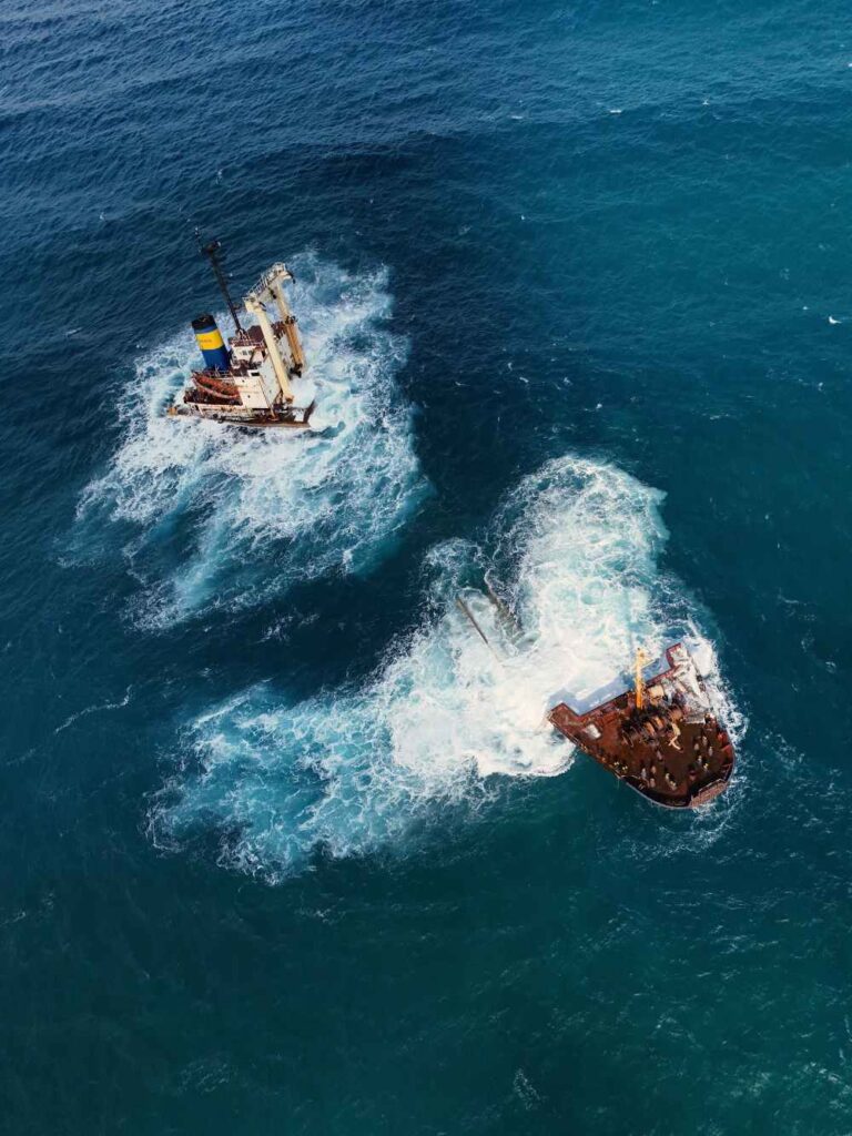 Dronefoto van een scheepswrak, het schip is in 2 delen gebroken