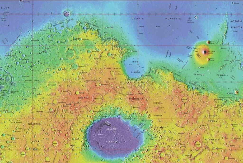 Een hoogtekaart van Mars, met Utopia Planitia rechtsboven.