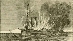 Tekening uit 1856 over de brand op de SS Phoenix.