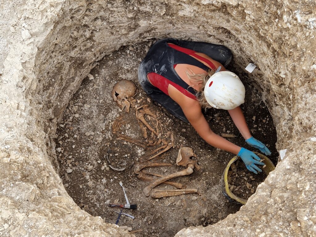 De onderzoekers namen DNA-monsters af van skeletten van een ijzertijd-gemeenschap bij het Britse Dorset. 