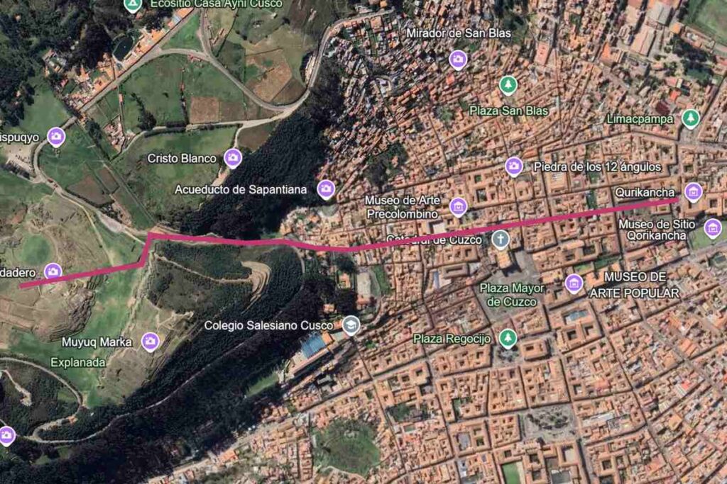 Route van verborgen gan onder Cuzco getekend op Google Maps